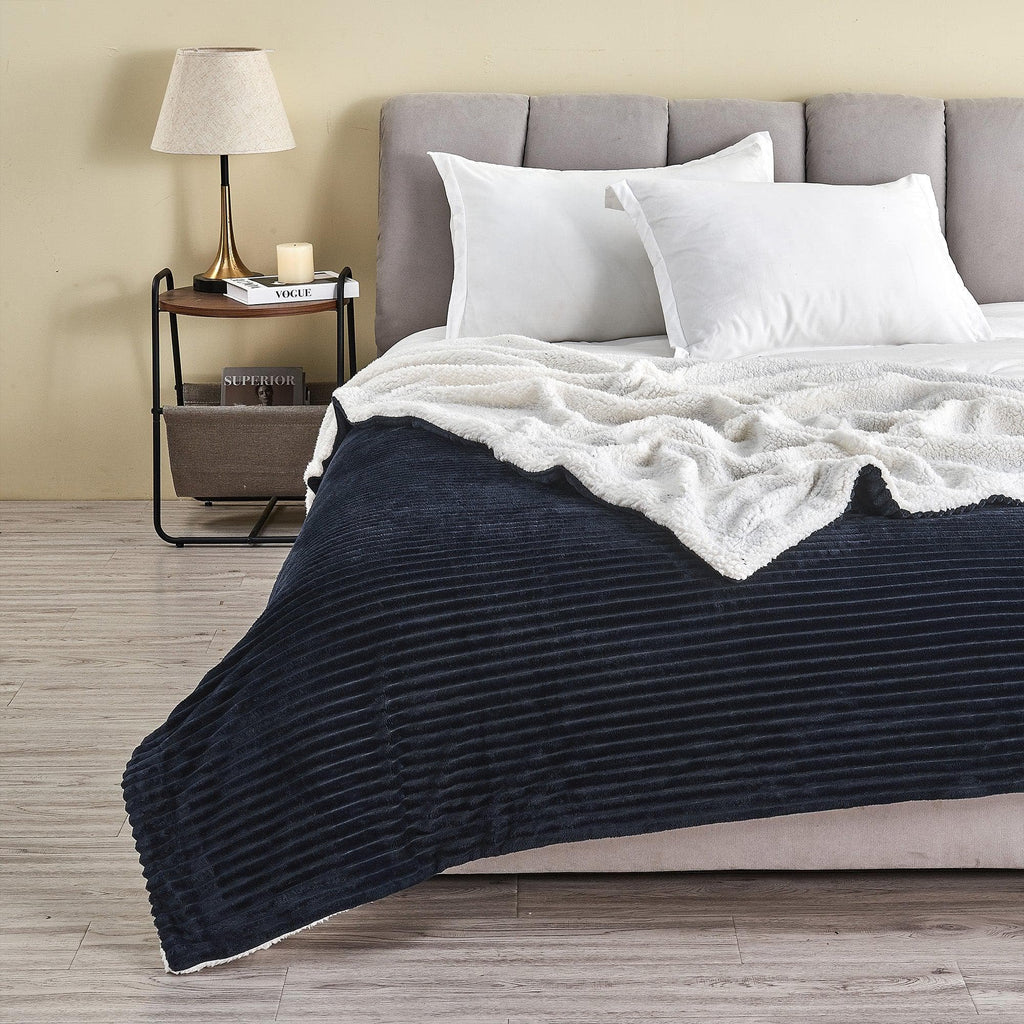 Great Bay Home Full / Queen / Navy Ribbed Sherpa Throw Blanket | Corduroy Collection by Great Bay Home Ribbed Sherpa Throw Blanket | Corduroy Collection by Great Bay Home