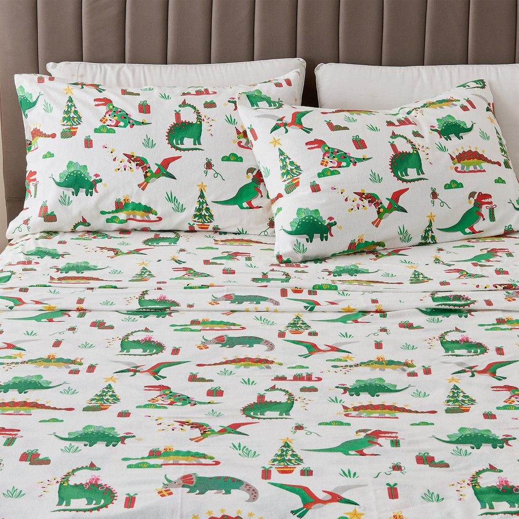 greatbayhome Sheets Twin / Christmas Dinosaur 4-Piece Turkish Cotton Flannel Sheet - Whittaker Collection 4-Piece Turkish Cotton Flannel Sheet | Whittaker Collection by Great Bay Home
