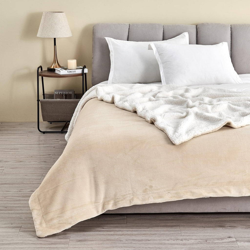 greatbayhome 50" x 60" Throw / Tan Velvet Plush Sherpa Luxury Bed Blanket - Kinsley Collection
