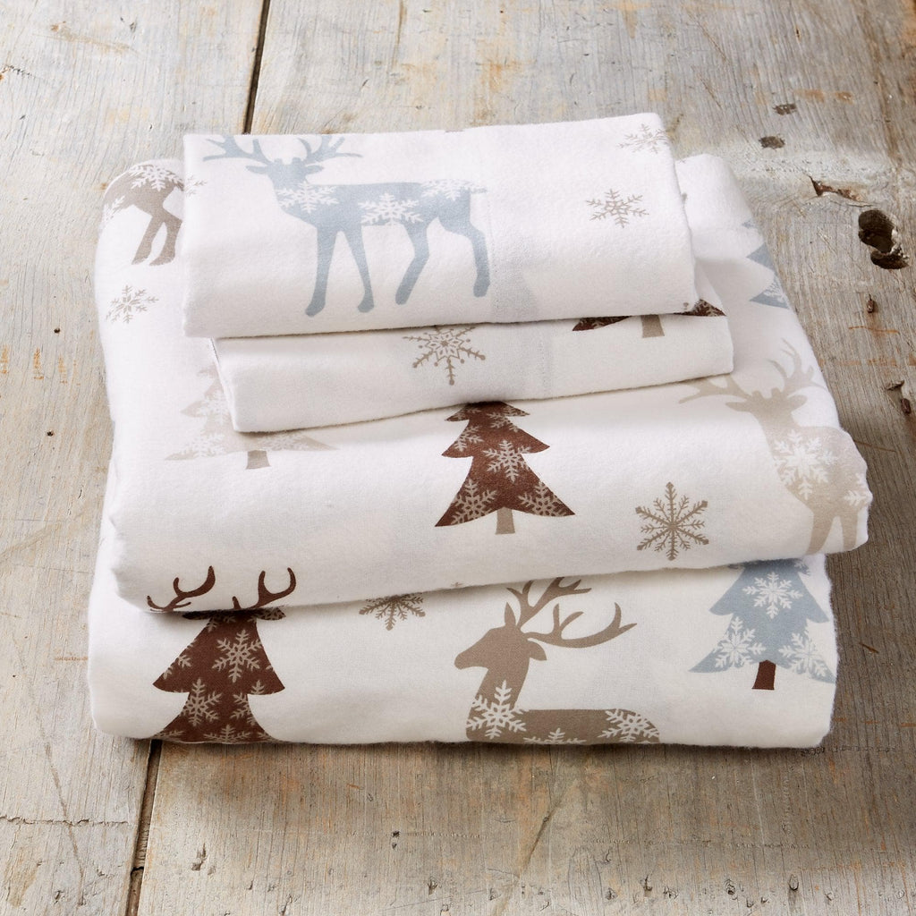Great Bay Home Sheets Twin / Snowy Reindeer 4-Piece Turkish Cotton Flannel Sheet - Stratton Collection 100% Cotton Flannel Sheet Set | Stratton Collection By Great Bay Home