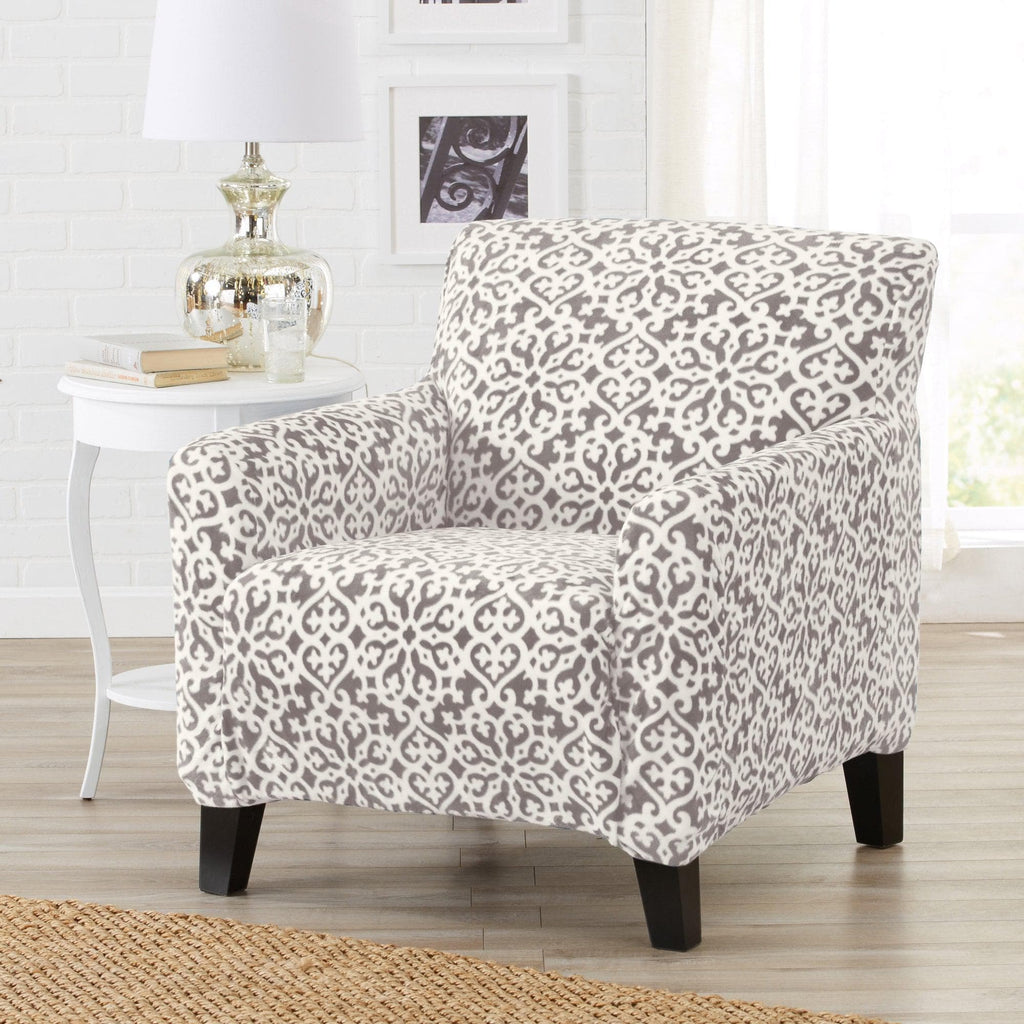 Snowflake grey printed velvet plush armchair slipcover at Great Bay Home