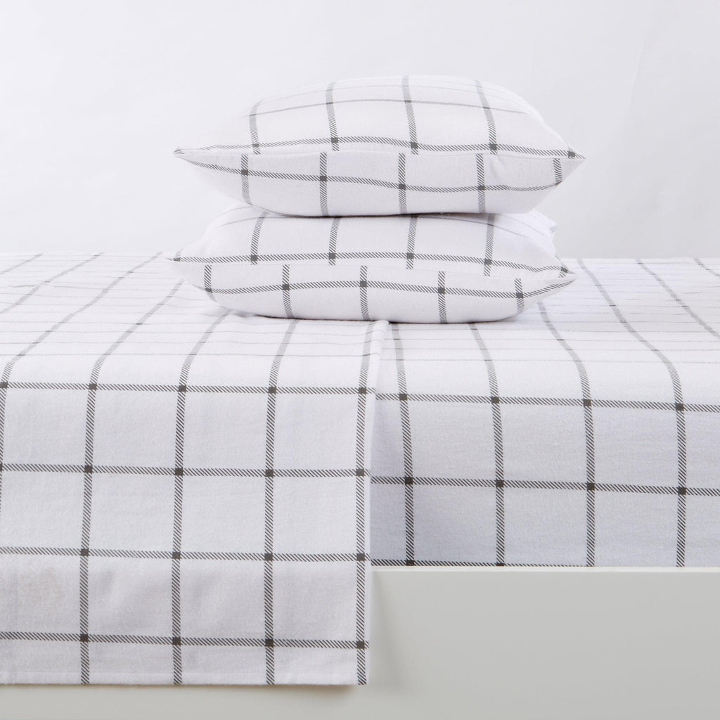 Great Bay Home Sheets Twin / Windowpane - White / Grey Turkish Cotton Flannel Sheet - Belle Collection 100% Turkish Cotton Flannel Sheet Set | Belle Collection By Great Bay Home
