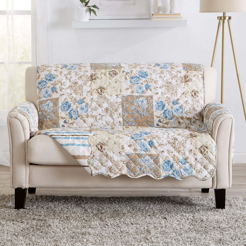 Great Bay Home Slipcovers Loveseat / Taupe / Blue Reversible Furniture Protector - Maribel Collection Reversible Floral Patchwork Furniture Protector | Maribel Collection by Great Bay Home