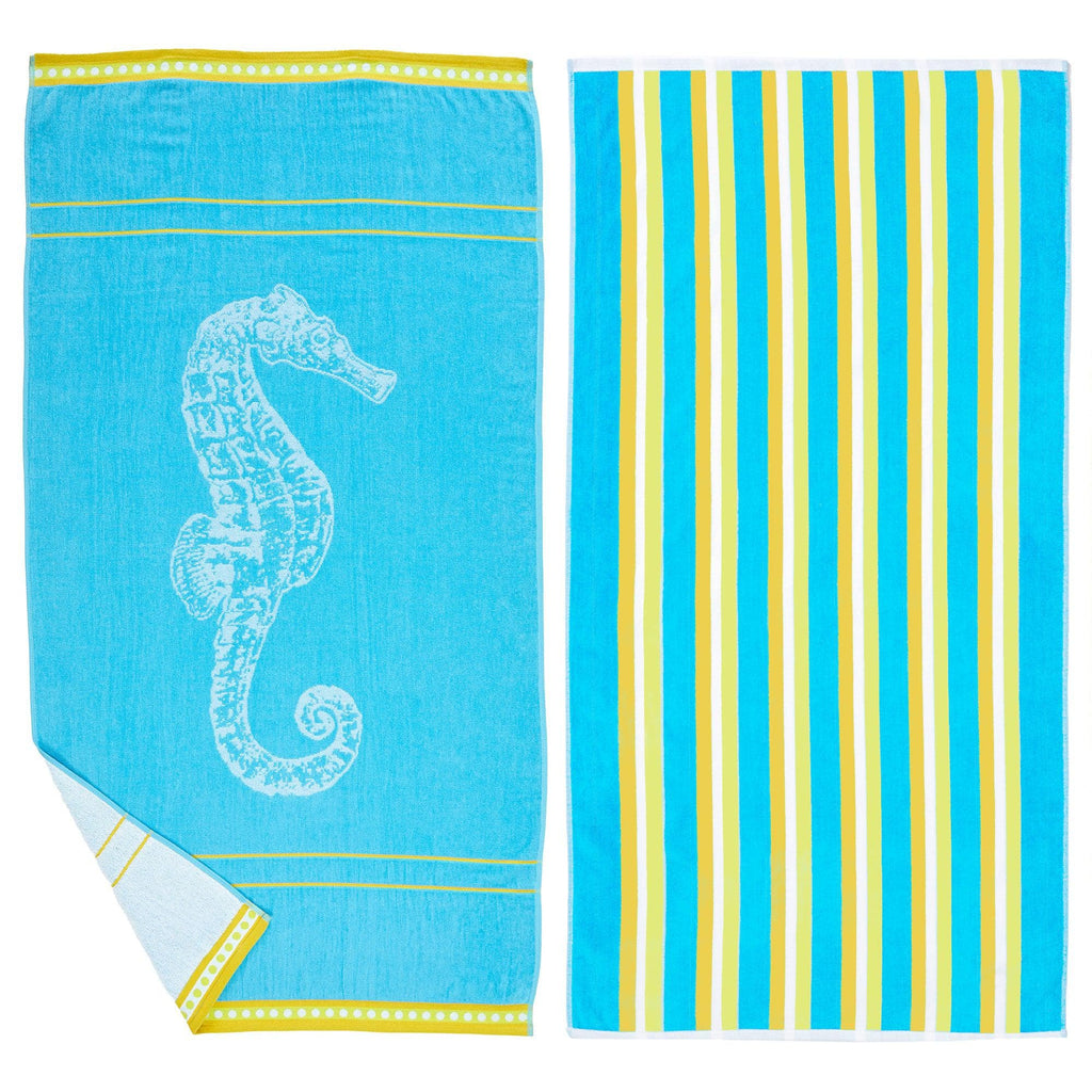 Great Bay Home 2-Pack - 30" x 60" / Seahorse Blue / Yellow 2 Pack 100% Cotton Jacquard Beach Towels | Playa Collection by Great Bay Home 2 Pack 100% Cotton Jacquard Beach Towels | Playa Collection by Great Bay Home