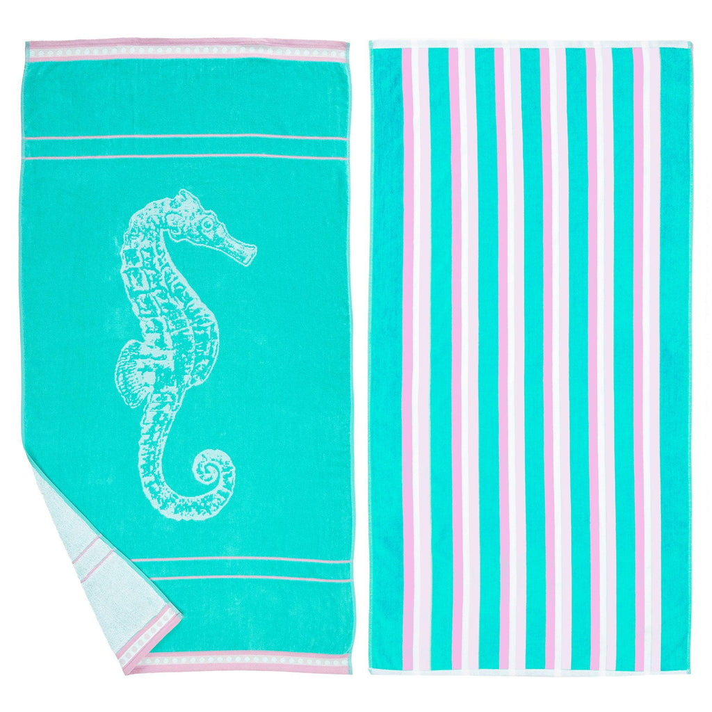 Great Bay Home 2-Pack - 30" x 60" / Seahorse Green / Pink 2 Pack 100% Cotton Jacquard Beach Towels | Playa Collection by Great Bay Home 2 Pack 100% Cotton Jacquard Beach Towels | Playa Collection by Great Bay Home