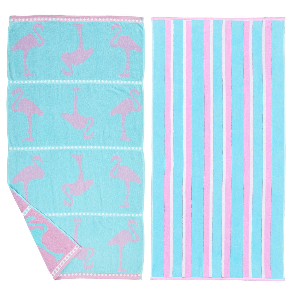 Great Bay Home 30" x 60" / Flamingo Blue / Pink 2 Pack 100% Cotton Jacquard Beach Towels | Playa Collection by Great Bay Home 2 Pack 100% Cotton Jacquard Beach Towels | Playa Collection by Great Bay Home