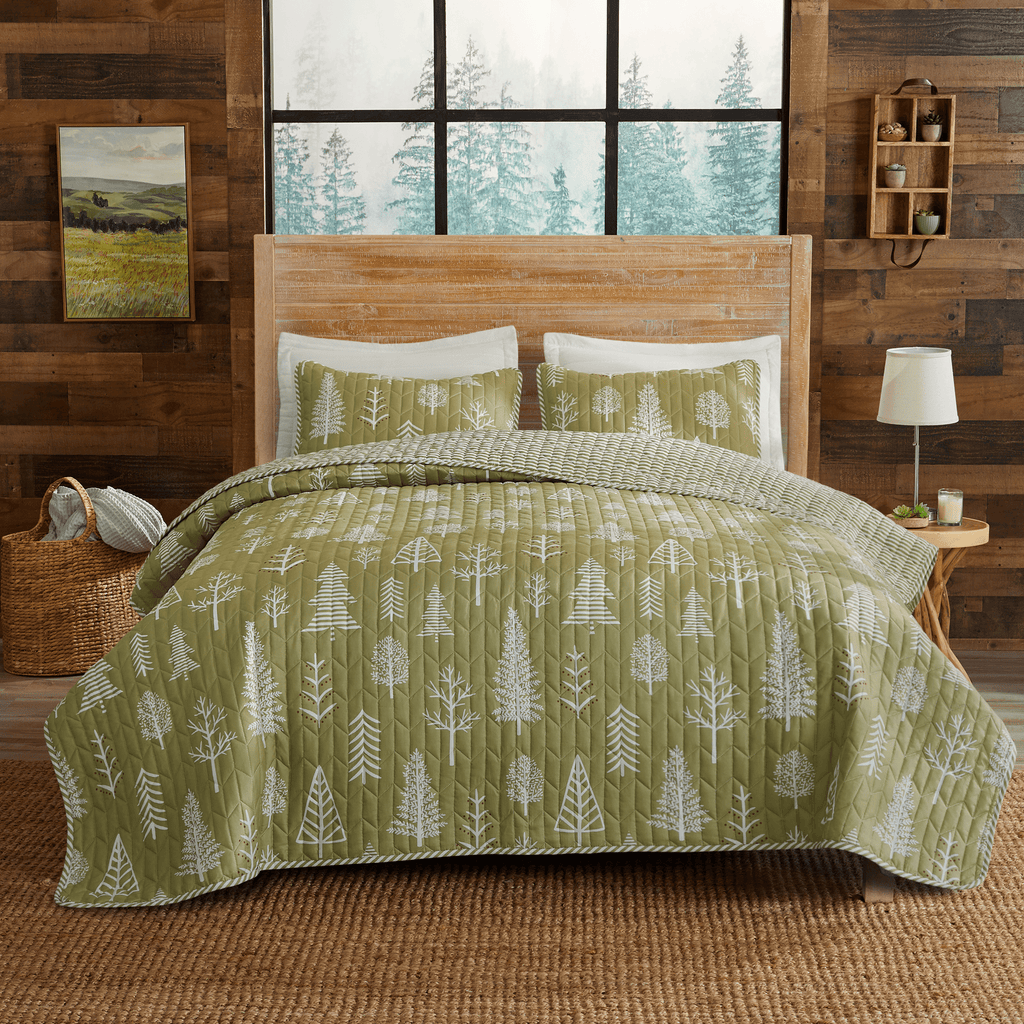 Great Bay Home Twin / Winter Forest - Sage/Red 3 Piece Lodge Forest Quilt - Whistler Collection 3 Piece Lodge Forest Quilt Set | Whistler Collection by Great Bay Home