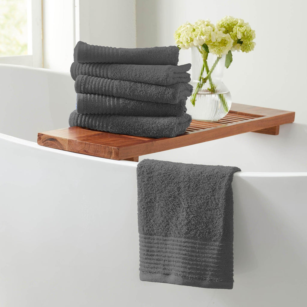 Great Bay Home Bath Towels Hand Towel (Pack of 6) / Dark Grey 6 Pack Cotton Hand Towels - Kasper Collection 100% Cotton Ribbed Border Bath Towels | Kasper Collection by Great Bay Home