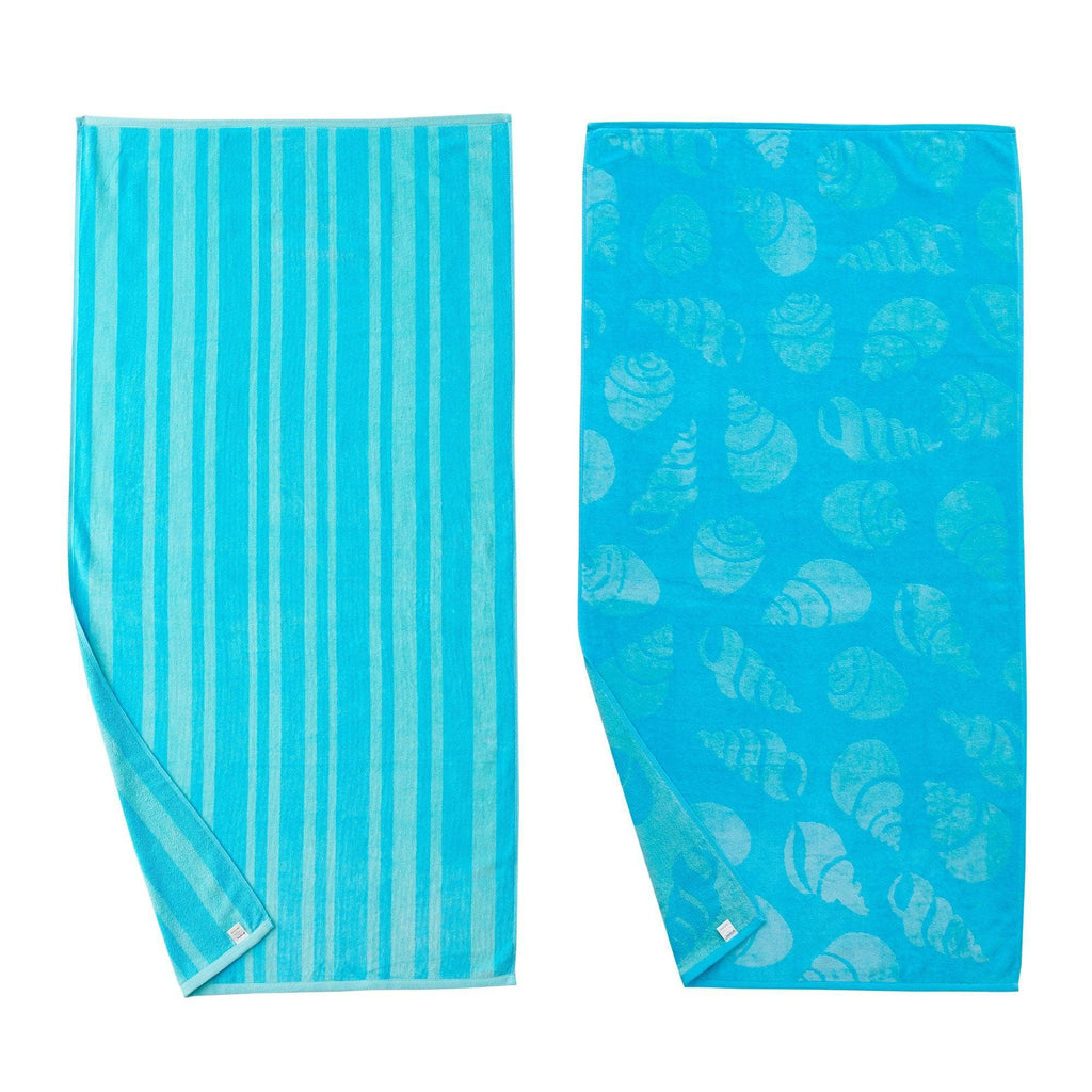 Great Bay Home Bath Towels 2 Pack - 30" x 60" / Aqua Shell & Stripe Cotton Velour Beach Towel | Maui Collection by Great Bay Home Cotton Velour Beach Towel | Maui Collection by Great Bay Home