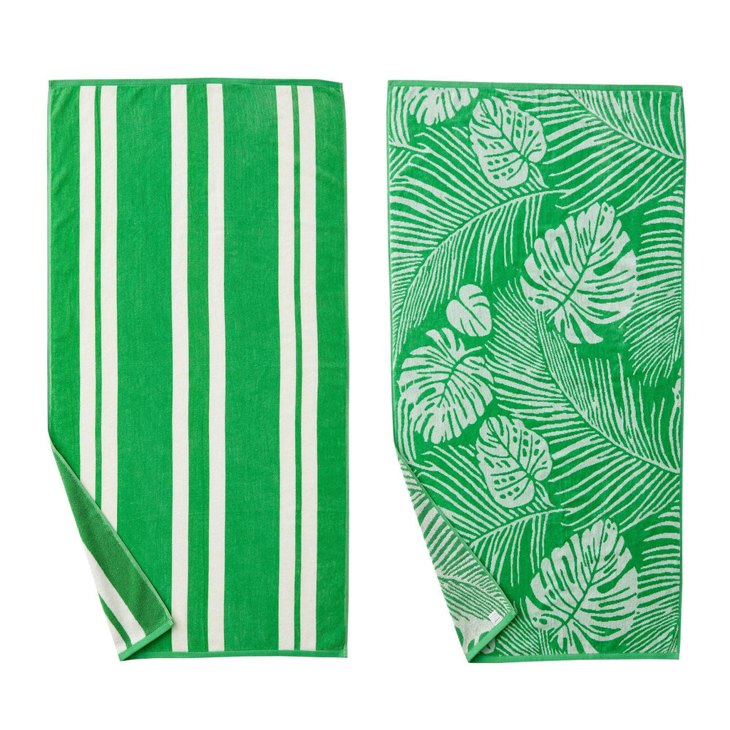 Great Bay Home Bath Towels 2 Pack - 30" x 60" / Green Palm & Stripe Cotton Velour Beach Towel | Maui Collection by Great Bay Home Cotton Velour Beach Towel | Maui Collection by Great Bay Home
