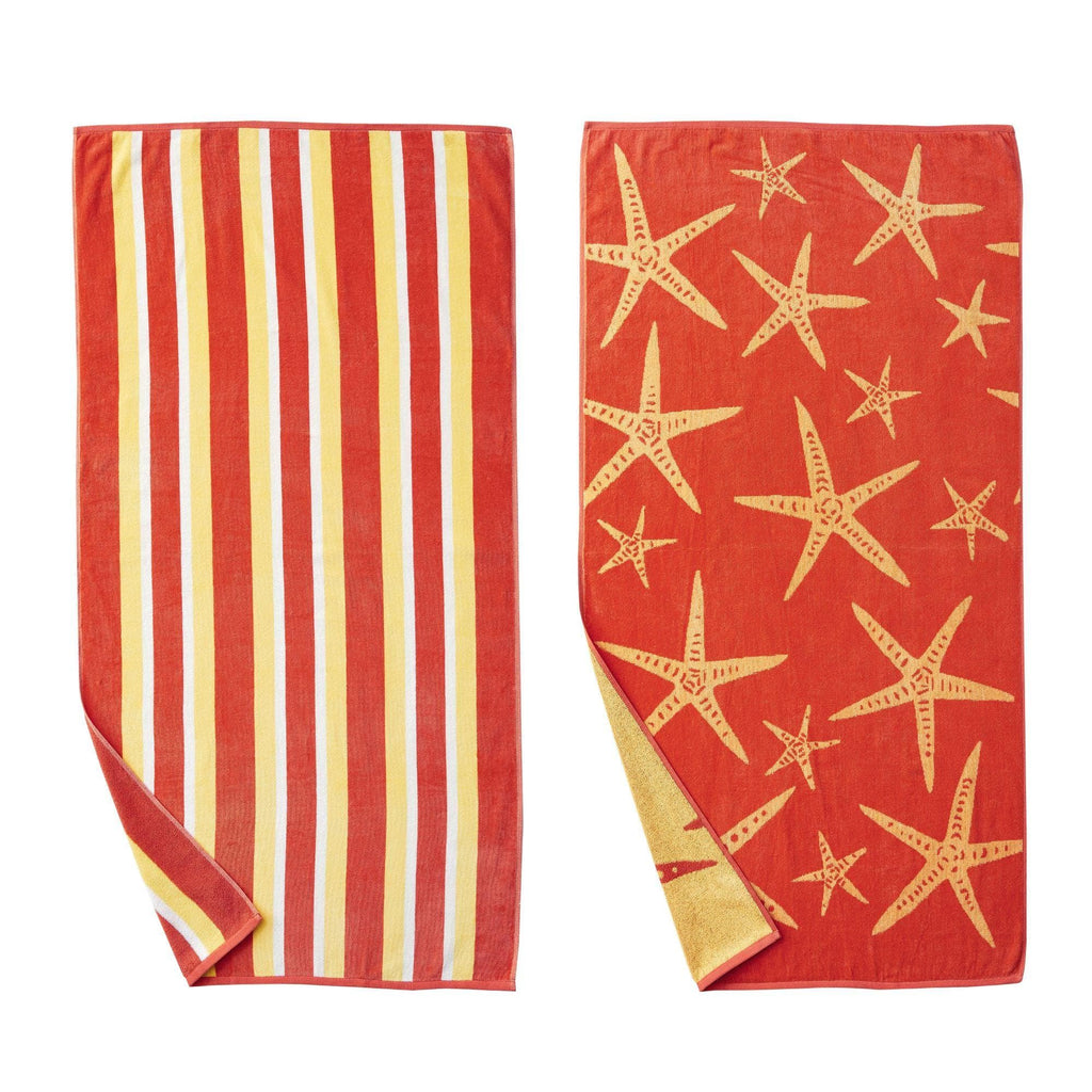 Great Bay Home Bath Towels 2 Pack - 30" x 60" / Starfish - Coral / Yellow Cotton Velour Beach Towel | Maui Collection by Great Bay Home Cotton Velour Beach Towel | Maui Collection by Great Bay Home