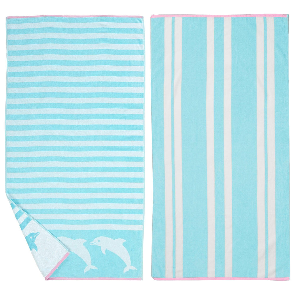 Great Bay Home Bath Towels 2 Pack - 30" x 60" / Blue Dolphin & Stripes Cotton Velour Beach Towel | Maui Collection by Great Bay Home