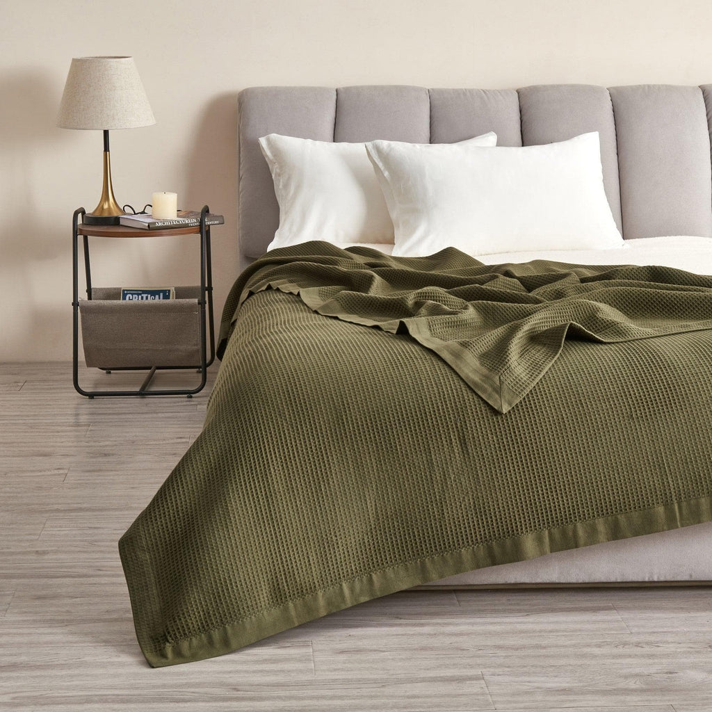 Great Bay Home Blankets Twin / Olive Green 100% Cotton Small Waffle Weave Blanket - Hazel Collection