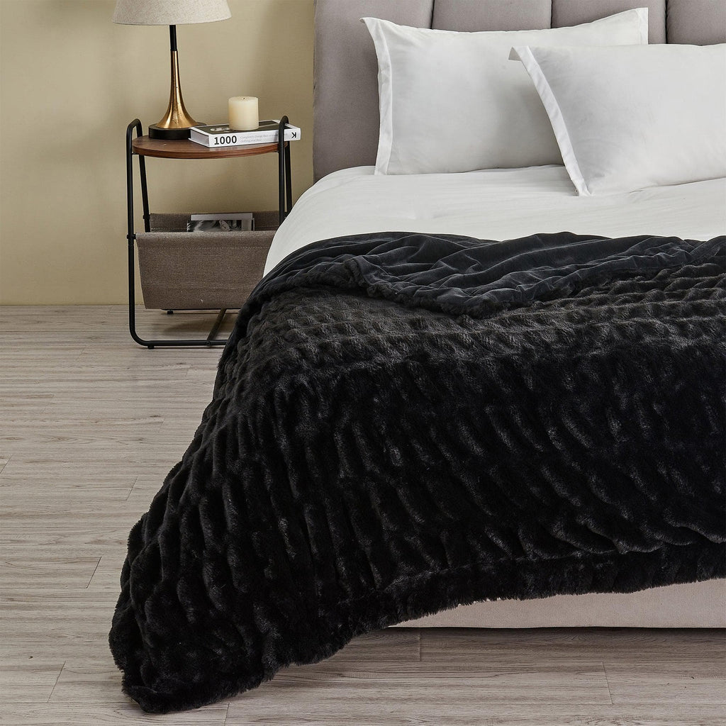 Great Bay Home 50" x 60" Throw / Black Ruched Faux Fur Throw Blanket | Alondra Collection by Great Bay Home Ruched Faux Fur Throw Blanket | Alondra Collection by Great Bay Home