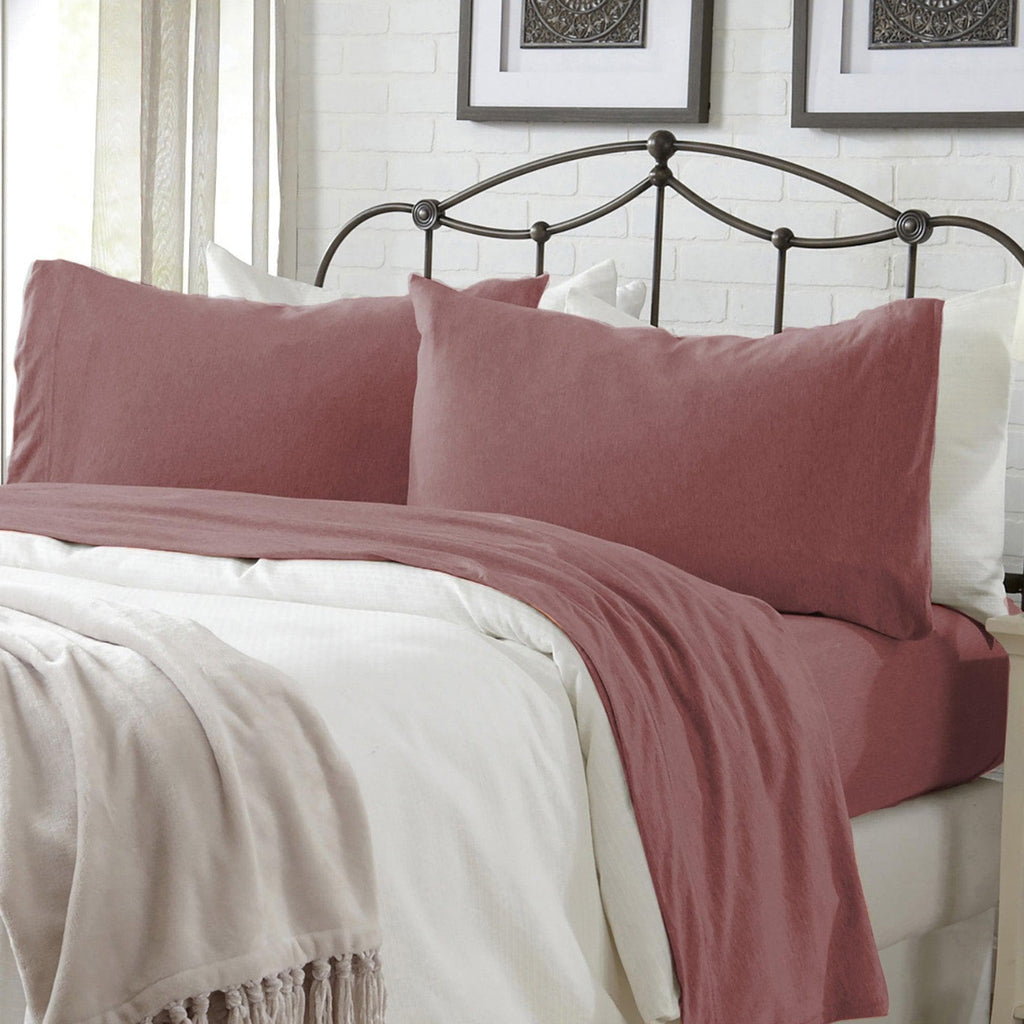 Great Bay Home Sheets Twin / Heathered Dusty Rose 4-Piece Jersey Sheet - Carmen Collection Cotton Blend Jersey Bed Sheet Set | Carmen Collection by Great Bay Home