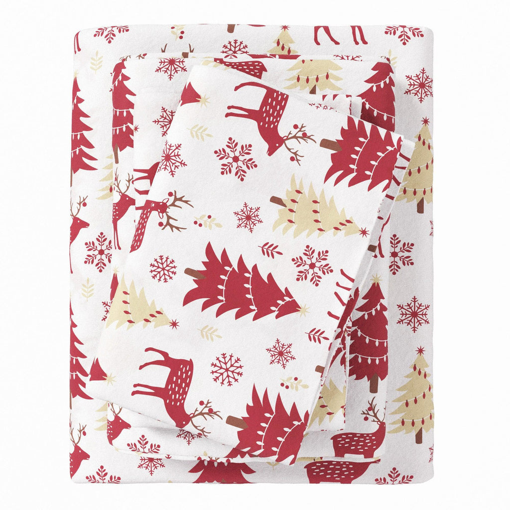 greatbayhome Twin / Red Deer, Trees, and Snow 100% Turkish Cotton Flannel Sheet Sets - Boulder Collection 100% Turkish Cotton Flannel Sheet Sets | Boulder Collection by Great Bay Home