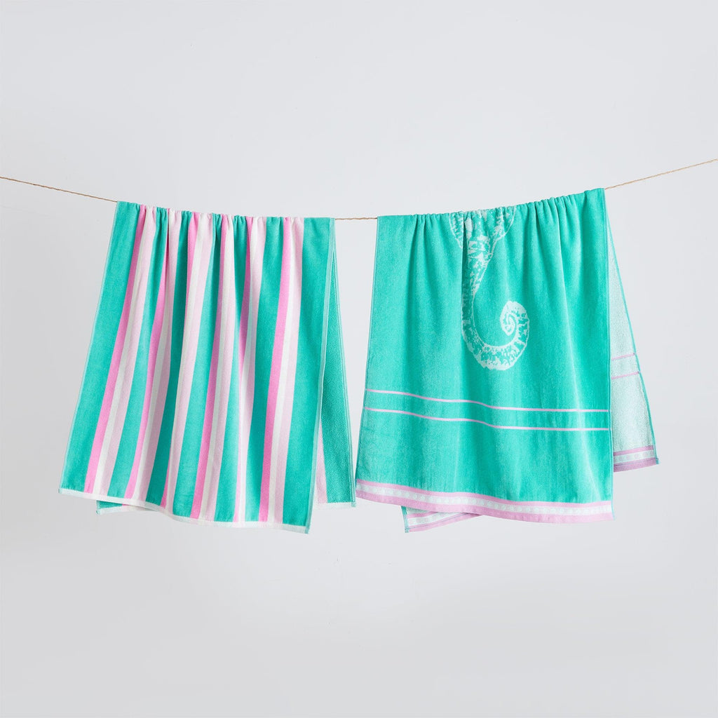 greatbayhome Beach Towels 2 Pack- 30" x 60" / Seahorse Green / Pink 2 Pack 100% Cotton Jacquard Beach Towels - Playa Collection 2 Pack 100% Cotton Jacquard Beach Towels | Playa Collection by Great Bay Home