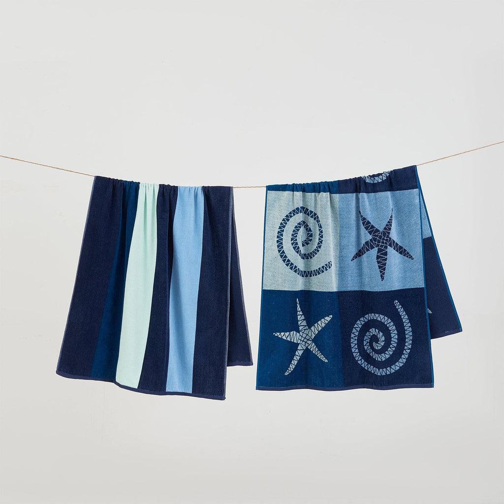 greatbayhome Beach Towels 2 Pack- 30" x 60" / Starfish / Stripe 2 Pack 100% Cotton Jacquard Beach Towels - Playa Collection 2 Pack 100% Cotton Jacquard Beach Towels | Playa Collection by Great Bay Home