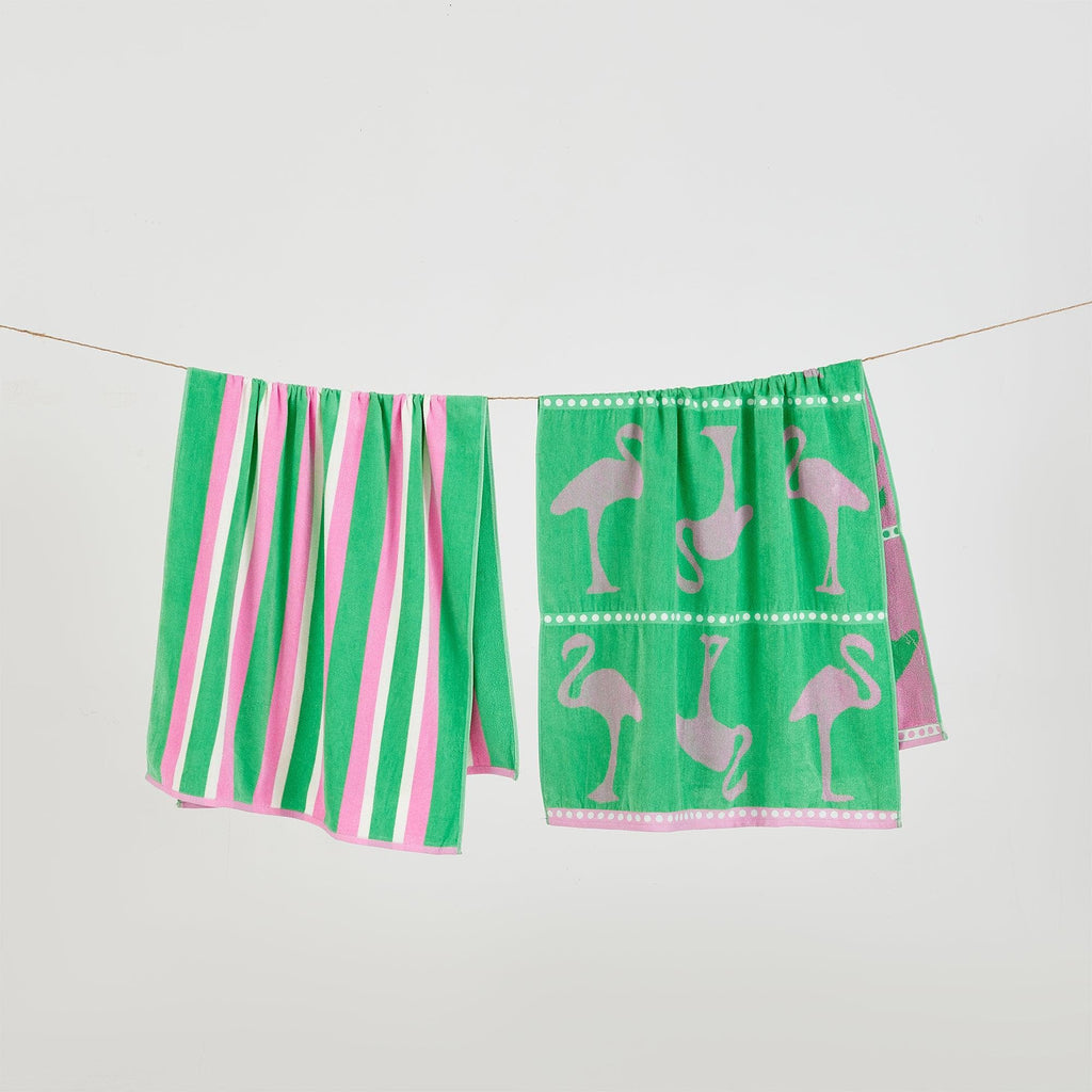 greatbayhome Beach Towels 2 Pack- 30" x 60" / Flamingo Green / Pink 2 Pack 100% Cotton Jacquard Beach Towels - Playa Collection 2 Pack 100% Cotton Jacquard Beach Towels | Playa Collection by Great Bay Home