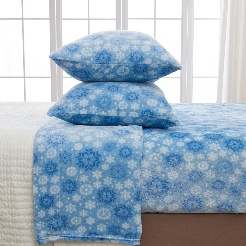 greatbayhome Bed Sheets Queen / Blue Snowflake 4-Piece Printed Plush Sheet - Velvet Luxe Collection Cozy Velvet Plush Sheet Set | Velvet Luxe Collection by Great Bay Home