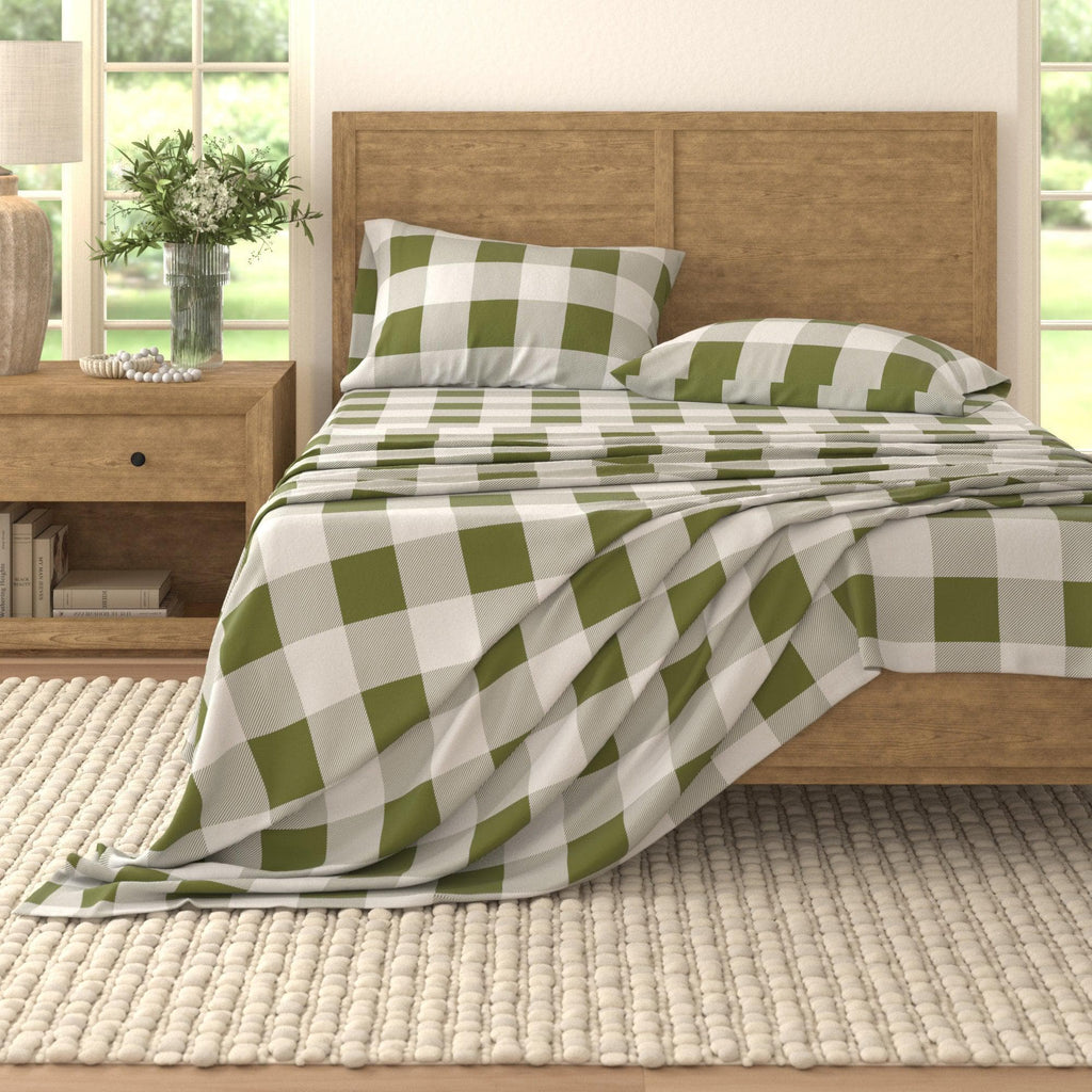 greatbayhome Bed Sheets Queen / Buffalo Check - Green Turkish Cotton Flannel Sheet - Belle Collection 100% Turkish Cotton Flannel Sheet Set | Belle Collection By Great Bay Home