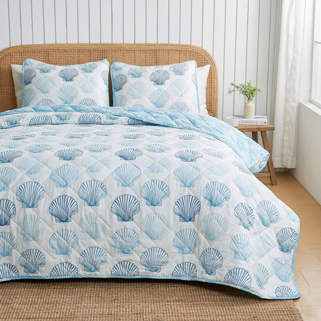 greatbayhome Quilts & Comforters Twin / Twin XL / Blue Seashells Coastal Blue Seashell Quilt Set | Cersi Collection by Great Bay Home Coastal Blue Seashell Quilt Set | Cersi Collection by Great Bay Home