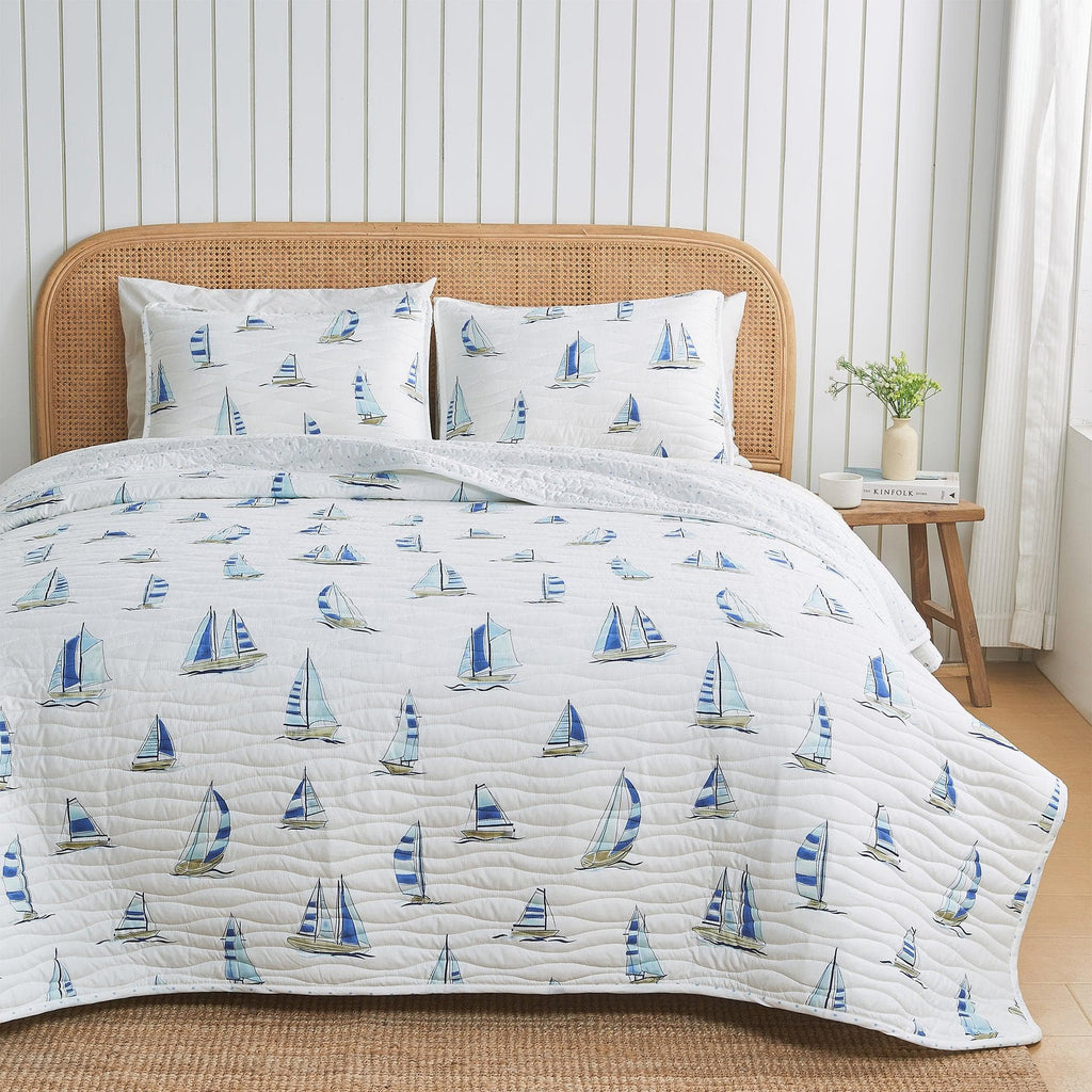 greatbayhome Quilts & Comforters Twin / Twin XL / Blue Watercolor Sailboats Coastal Blue Watercolor Sailboat Quilt Set | Marzano Collection by Great Bay Home Coastal Blue Watercolor Sailboat Quilt Set | Marzano Collection by Great Bay Home