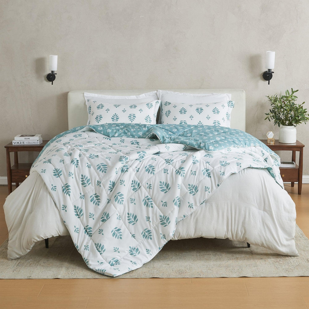 greatbayhome Quilts & Comforters King / California King / White Sage Floral Print / Sage White Floral Print Reversible Comforter Set - Odette Collection Reversible Comforter Set | Odette Collection by Great Bay Home