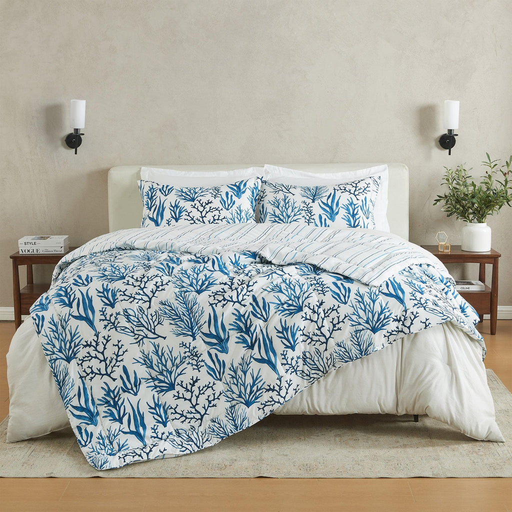 greatbayhome Quilts & Comforters King / California King / Navy Sea Coral Print  / Navy Stripe Print Reversible Comforter Set - Odette Collection Reversible Comforter Set | Odette Collection by Great Bay Home