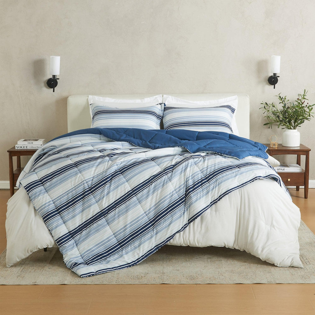 greatbayhome Quilts & Comforters King / California King / Blue Gradient Stripe Print / Navy Solid Reversible Comforter Set - Odette Collection Reversible Comforter Set | Odette Collection by Great Bay Home