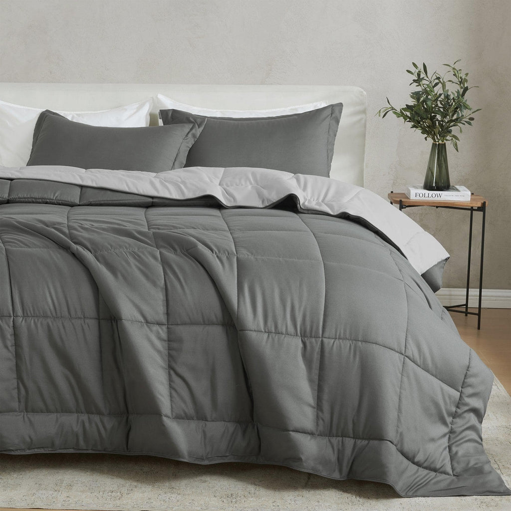 greatbayhome Quilts & Comforters King / California King / Dark Grey Solid / Light Grey Solid Reversible Comforter Set - Odette Collection Reversible Comforter Set | Odette Collection by Great Bay Home