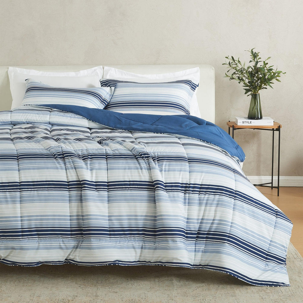 greatbayhome Quilts & Comforters King / California King / Blue Gradient Stripe Print / Navy Solid Reversible Comforter Set - Odette Collection Reversible Comforter Set | Odette Collection by Great Bay Home