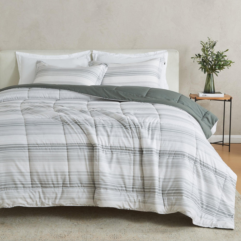 greatbayhome Quilts & Comforters King / California King / Grey Gradient Stripe Print/Dark Grey Solid Reversible Comforter Set - Odette Collection Reversible Comforter Set | Odette Collection by Great Bay Home