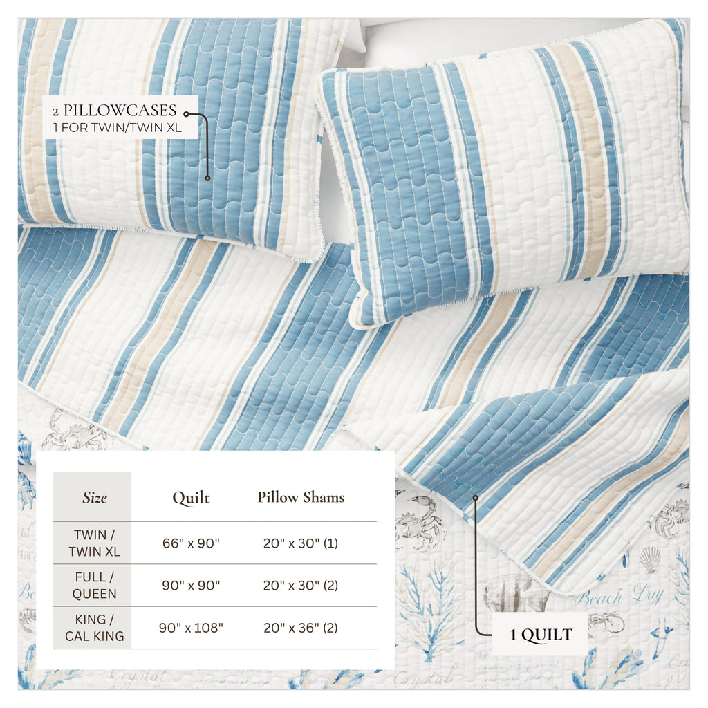 greatbayhome Quilts & Comforters Stripe & Ocean Story Coastal Quilt Set - New Castle Collection Stripe & Ocean Story Coastal Quilt Set | New Castle Collection by Great Bay Home