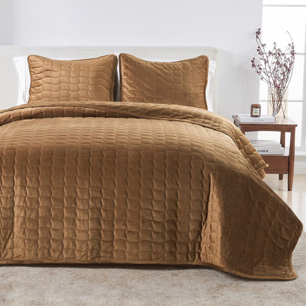 greatbayhome Quilts & Comforters Twin / Twin XL / Cognac Velvet Box-Stitched Quilt Set - Vivica Collection Velvet Box-Stitched Quilt Set | Vivica Collection by Great Bay Home