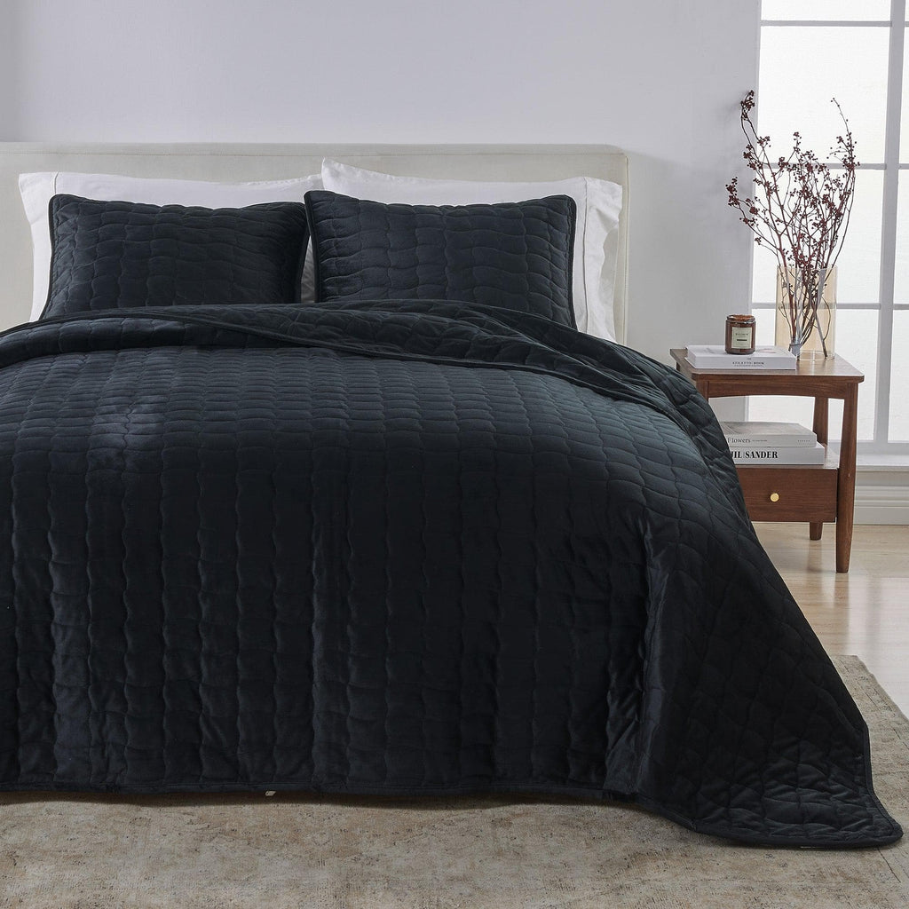 greatbayhome Quilts & Comforters Twin / Twin XL / Black Velvet Box-Stitched Quilt Set - Vivica Collection Velvet Box-Stitched Quilt Set | Vivica Collection by Great Bay Home