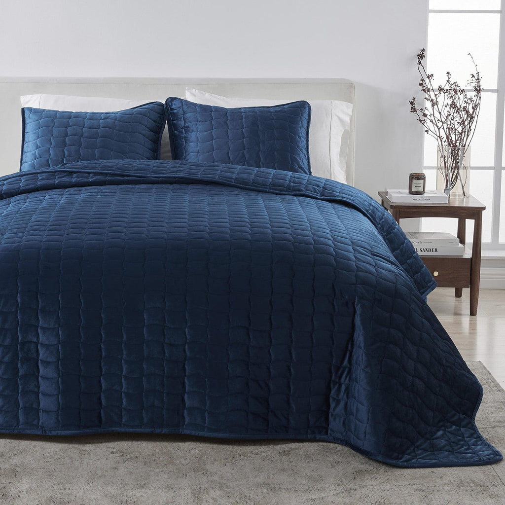 greatbayhome Quilts & Comforters Twin / Twin XL / Navy Velvet Box-Stitched Quilt Set - Vivica Collection Velvet Box-Stitched Quilt Set | Vivica Collection by Great Bay Home