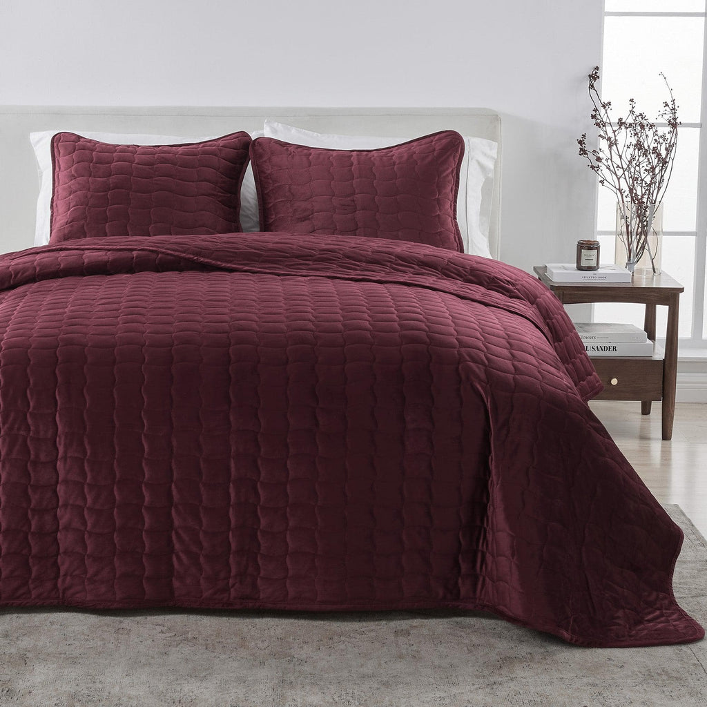 greatbayhome Quilts & Comforters Twin / Twin XL / Merlot Velvet Box-Stitched Quilt Set - Vivica Collection Velvet Box-Stitched Quilt Set | Vivica Collection by Great Bay Home