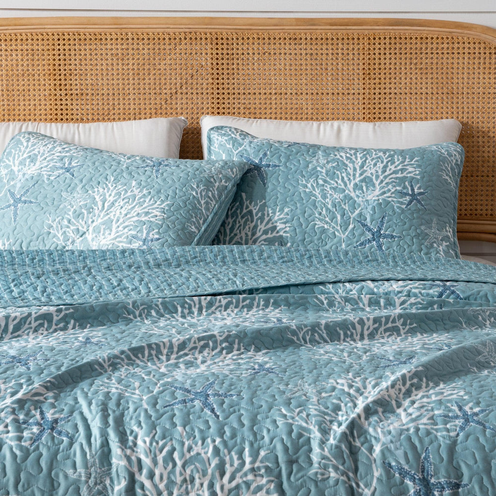 greatbayhome Quilts Twin / Ether Blue Coral & Starfish Quilt Set - Fenwick Collection Fenwick Collection Coastal Quilt Set | Great Bay Home