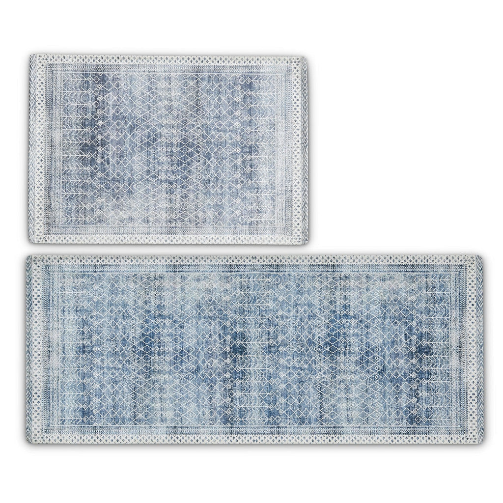 greatbayhome Rugs 20" x 30" & 20" x 50" / Blue 2 Pack Distressed Moroccan Tribal Washable Accent Rug | Neve Collection by Great Bay Home. 2 Pack Distressed Moroccan Tribal Washable Accent Rug | Neve Collection by Great Bay Home