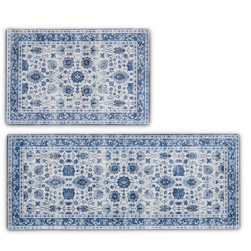greatbayhome Rugs 20" x 30" & 20" x 50" / Blue 2 Pack Floral Washable Accent Rug | Matra Collection by Great Bay Home 2 Pack Floral Washable Accent Rug | Matra Collection by Great Bay Home