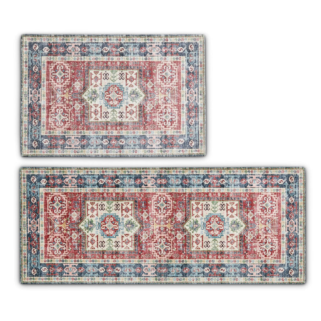 greatbayhome Rugs 20" x 30" & 20" x 50" / Red 2 Pack Medallion Washable Accent Area Rug & Runner | Nava Collection by Great Bay Home 2 Pack Medallion Washable Accent Area Rug & Runner | Nava Collection by Great Bay Home