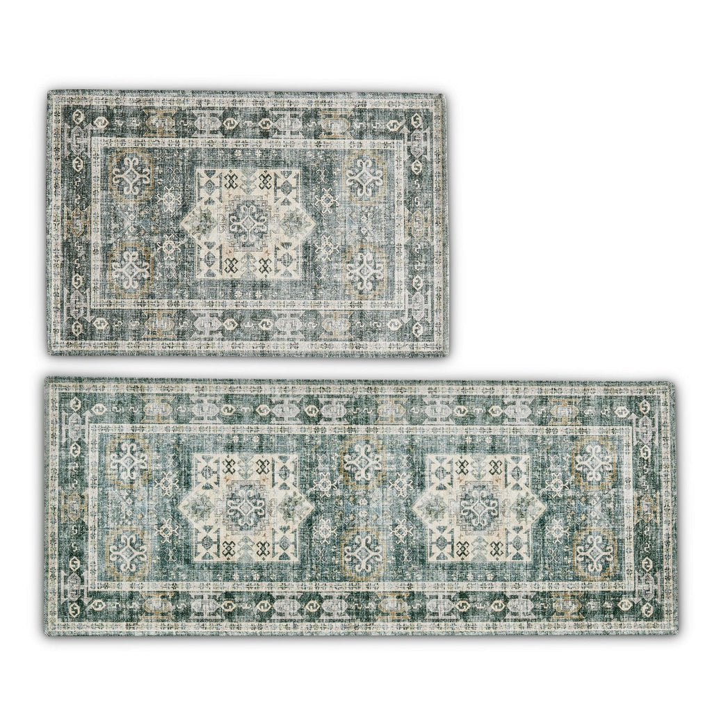 greatbayhome Rugs 20" x 30" & 20" x 50" / Green 2 Pack Medallion Washable Accent Area Rug & Runner | Nava Collection by Great Bay Home 2 Pack Medallion Washable Accent Area Rug & Runner | Nava Collection by Great Bay Home