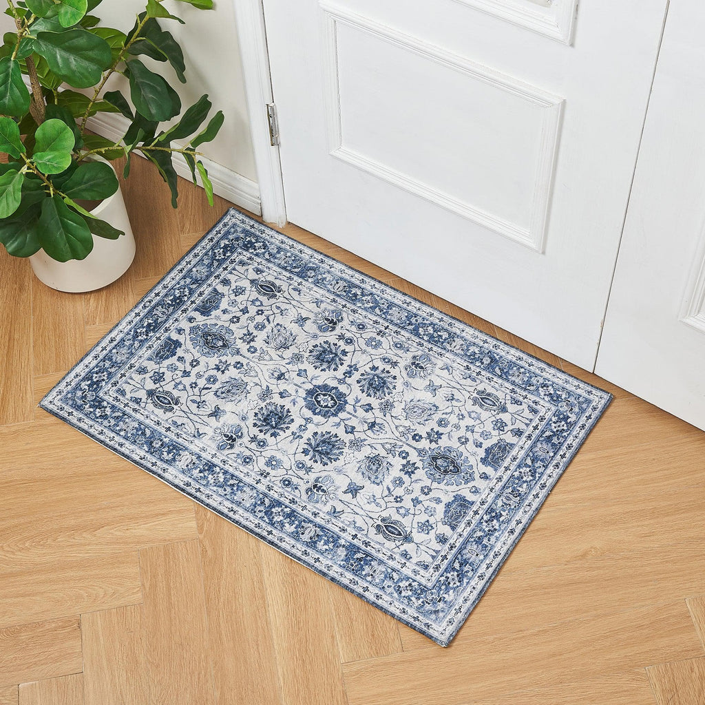 greatbayhome Rugs 2' x 3' / Blue Floral Machine Washable Accent Area Rug & Runner - Matra Collection Floral Washable Accent Rug 2' x 3' | Matra Collection by Great Bay Home