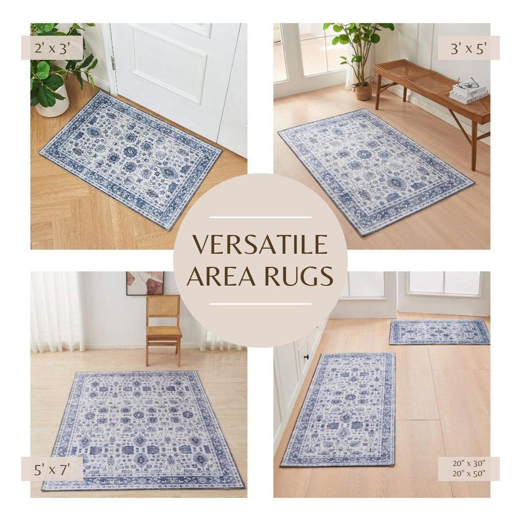 greatbayhome Rugs 2' x 3' / Blue Floral Machine Washable Accent Area Rug & Runner - Matra Collection Floral Washable Accent Rug 2' x 3' | Matra Collection by Great Bay Home