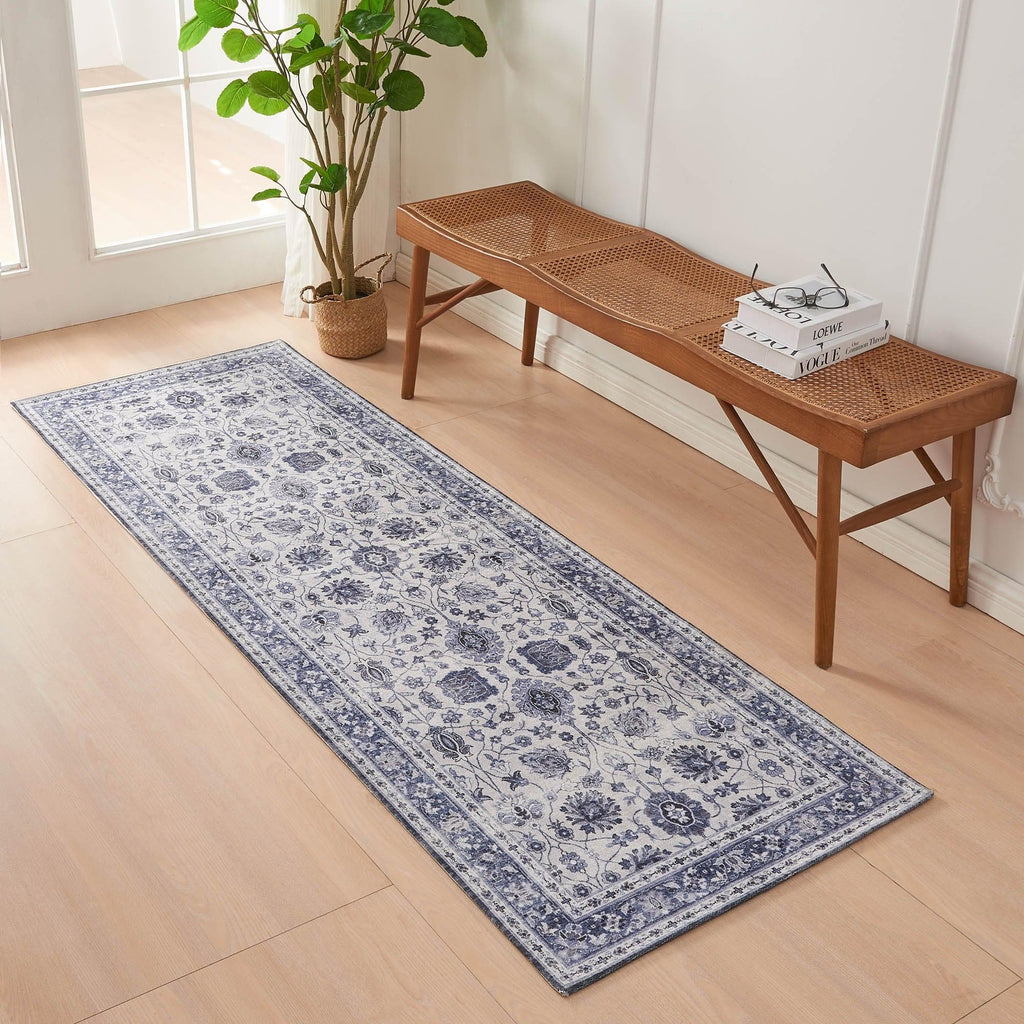 greatbayhome Rugs 2'4" x 7' / Blue Floral Machine Washable Accent Area Rug & Runner - Matra Collection Floral Washable Accent Runner 2'4" x 7' | Matra Collection by Great Bay Home