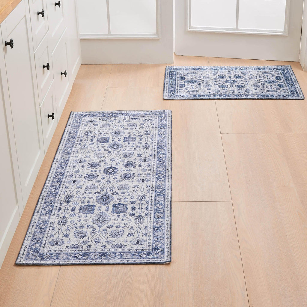 greatbayhome Rugs 20" x 30" & 20" x 50" (2 Pack) / Blue Floral Machine Washable Accent Area Rug & Runner - Matra Collection 2 Pack Floral Washable Accent Rug | Matra Collection by Great Bay Home