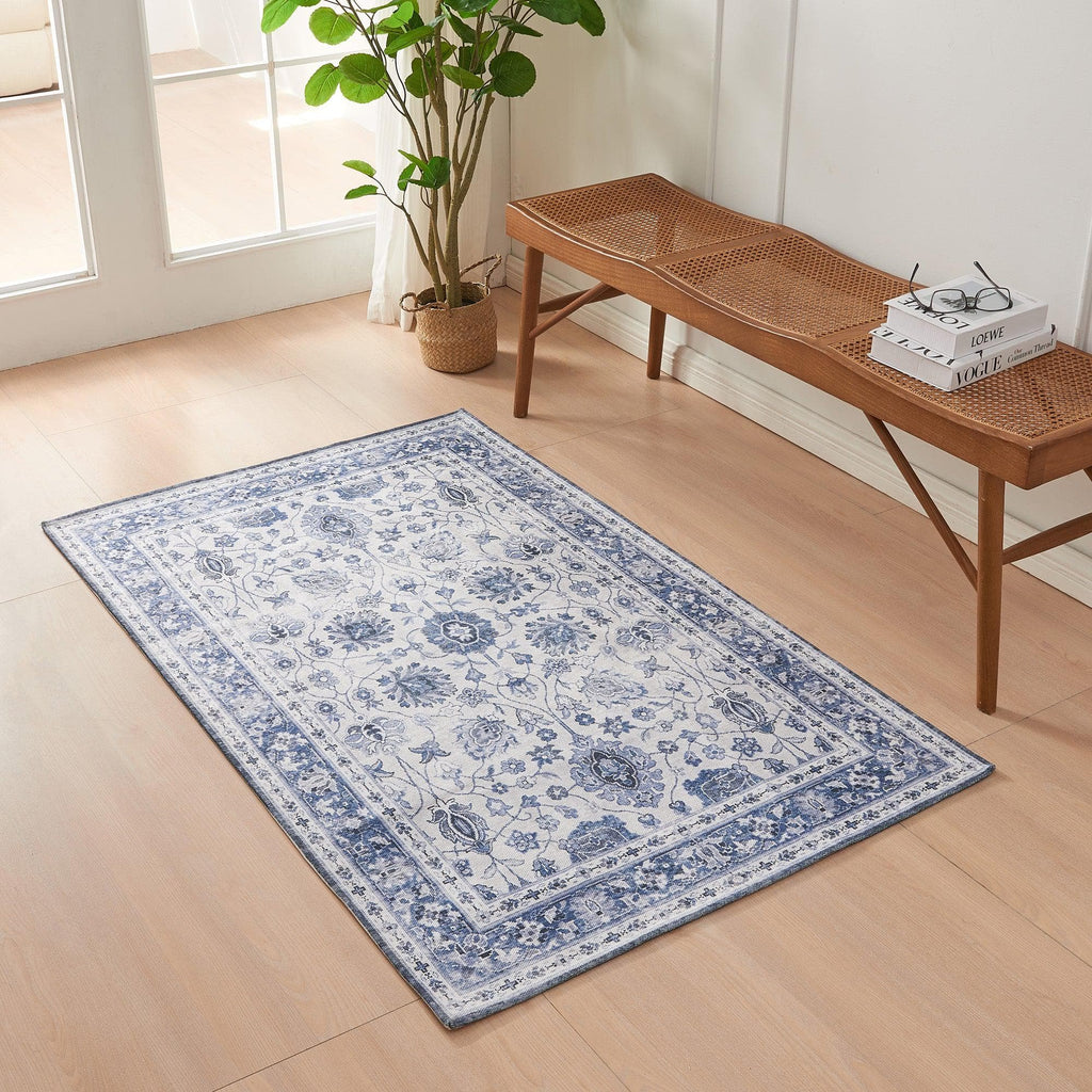 greatbayhome Rugs 3’ x 5’ / Blue Floral Machine Washable Accent Area Rug & Runner - Matra Collection Floral Washable Accent Area Rug 3' x 5' | Matra Collection by Great Bay Home