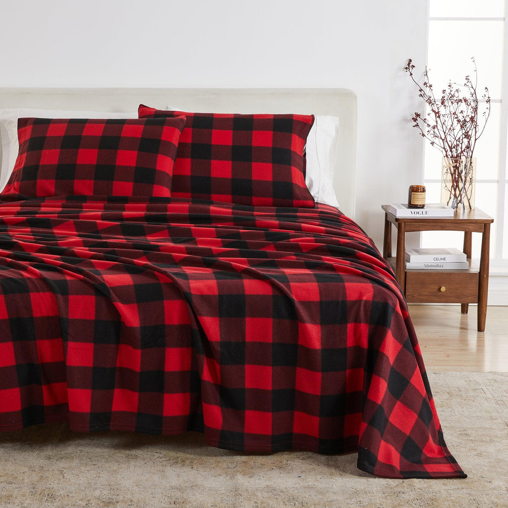 greatbayhome Sheets Twin / Red / Black 4-Piece Printed Fleece Sheet - Dara Collection Extra Plush Fleece Sheet Set | Dara Collection by Great Bay Home