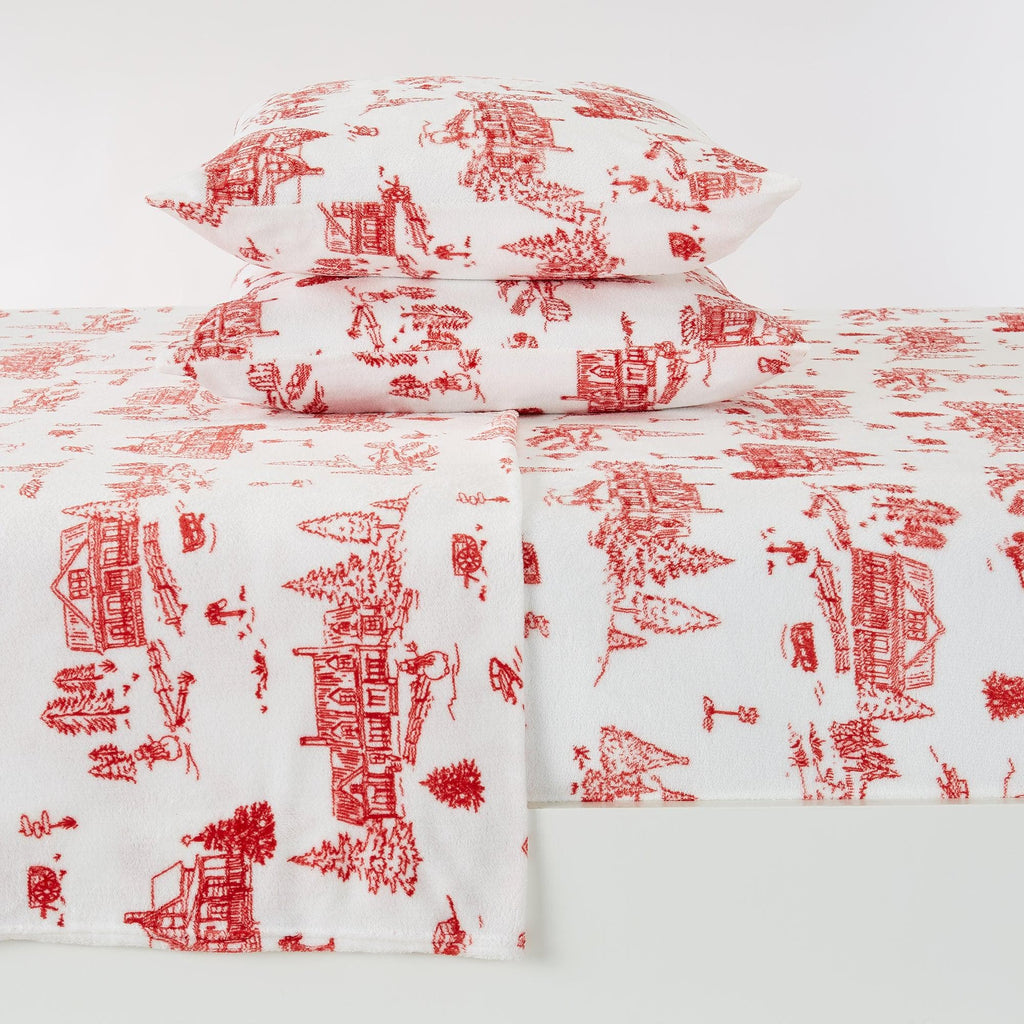 greatbayhome Sheets California King / Snowtown Toile - Red 4-Piece Printed Plush Sheet - Velvet Luxe-Lodge Collection Cozy Velvet Plush Sheet Set | Velvet Luxe Collection by Great Bay Home